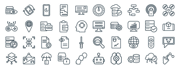 set of 40 flat augmented reality web icons in line style such as tilt, game control, goals, layers, available, drone, velocity icons for report, presentation, diagram, web design