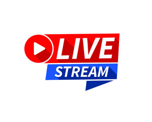 Live stream red and blue vector design element with play button. Vector illustration