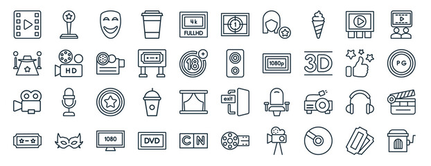 set of 40 flat cinema web icons in line style such as star movie award, red carpet, movie camera, theater ticket, thumb up with star, people watching a movie, film counter icons for report,