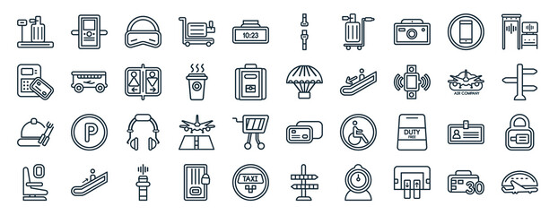 set of 40 flat airport terminal web icons in line style such as airport x ray hine, airport atm, tray with cover, airplane seat, air company, security control, airplane security belt icons for