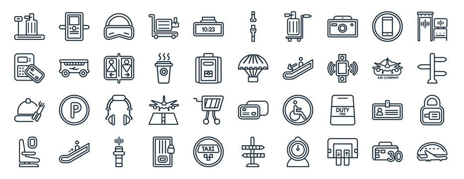 Set Of 40 Flat Airport Terminal Web Icons In Line Style Such As Airport X Ray Hine, Airport Atm, Tray With Cover, Airplane Seat, Air Company, Security Control, Airplane Security Belt Icons For