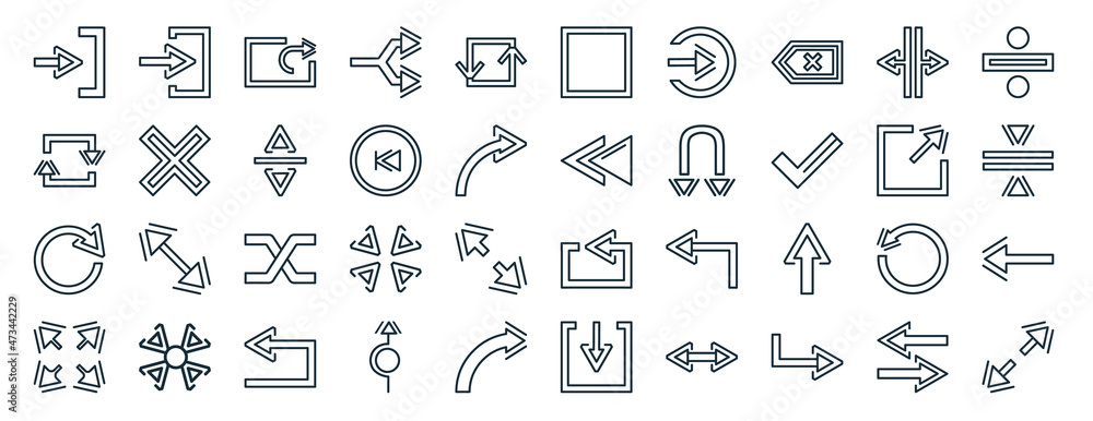 Poster set of 40 flat arrows web icons in line style such as enter left, counter arrow, refresh, expand, ex