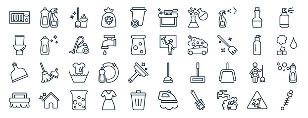 set of 40 flat cleaning web icons in line style such as cleaning products, toilet, dust pan, scrub brush, emulsion, spray, carpet cleaning icons for report, presentation, diagram, web design