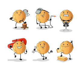 meatball worker set character. cartoon mascot vector