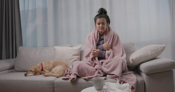 Young sick woman caughing, sneezing and blowing running nose lying down on sofa with her small yellow dog, suffering from seasonal flu or cold. Ill girl feel unhealthy with influenza at home