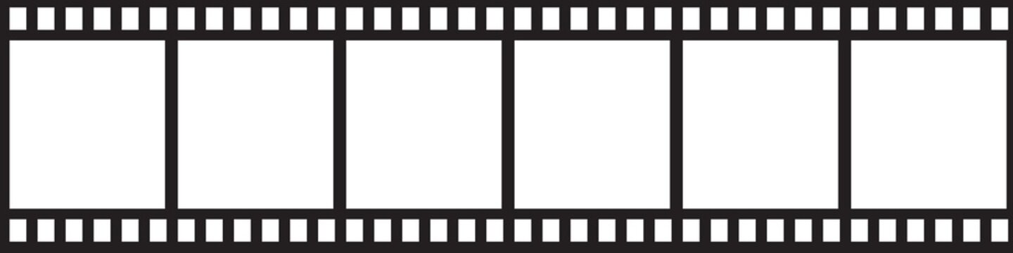 Film strip icon. Black background. Cinematography concept. Film symbol. Old camera. Vector illustration. Stock image.