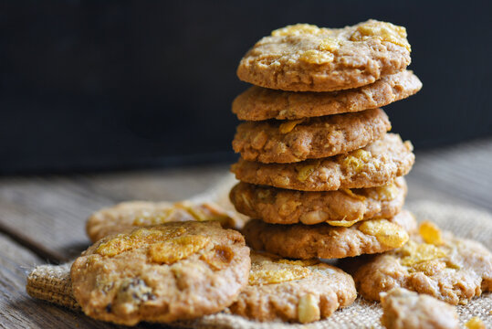 Chocolate Chip Cookies On The Sack Table Background, Close Up Cookie Cornflakes