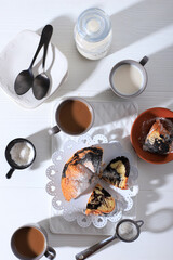 Marble Cake with Coffee with Powder Sugar and Kitchen Vintage Utensil, White Bakery Concept