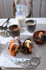 Marble Cake with Coffee with Powder Sugar and Kitchen Vintage Utensil, White Bakery Concept