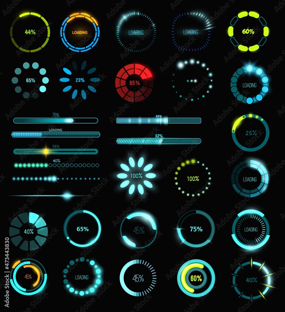 Leinwandbilder Loading process and status bar icons, HUD interface. Vector dashboard elements, Sci-Fi digital futuristic technology neon glowing ui navigation for game menu design or web site data load processing