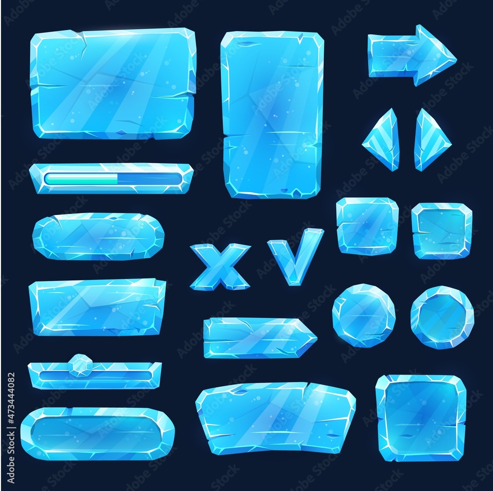 Poster game asset blue ice icons, sliders, arrows and keys, vector user panel interface plates. game ui and