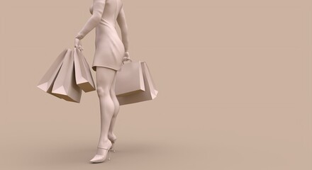 Shopper with shopping concept 3d illustration in beige color