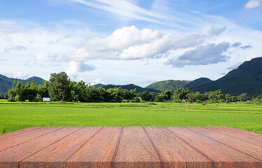 Empty perspective brown wood plank table top with blue sky mountain with green farm rice and nature landscape. for montage of your product