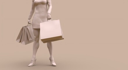 Shopper with shopping concept 3d illustration in beige color