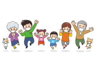 笑顔でジャンプする家族とペット　マスク着用