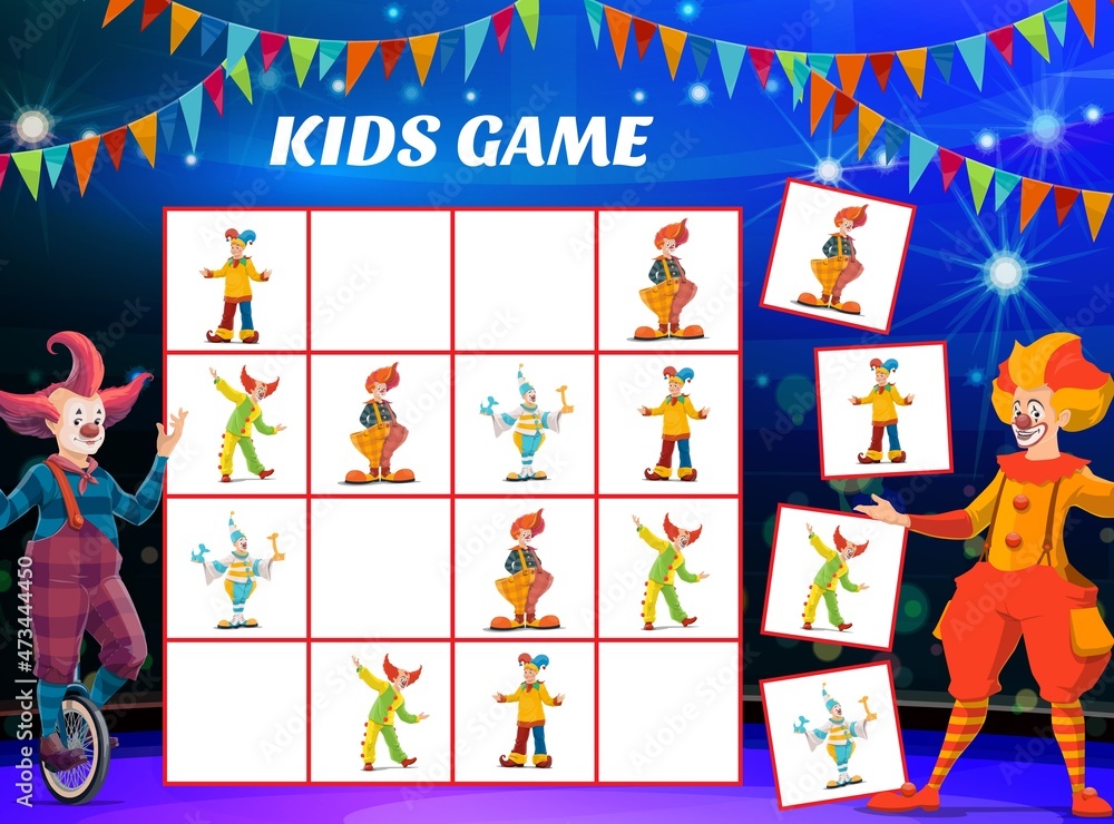 Poster kids sudoku game with shapito circus clowns and jesters, vector tabletop puzzle. sudoku board game o