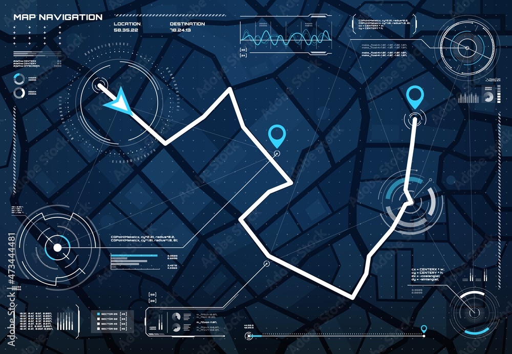 Poster HUD navigation city map screen vector interface with compass, graphs and map points. HUD roadmap with destination route and satellite traffic on city map with directions and tracking dashboard control