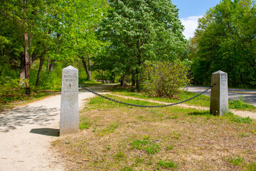 Battle Road Trail in spring in Minute Man National Historic Park in town of Lexington, Massachusetts MA, USA. 
