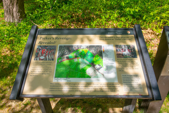 Parker's Revenge Introduction Of Battles Of Lexington And Concord In Minute Man National Historical Park In Lexington, Massachusetts MA, USA. 