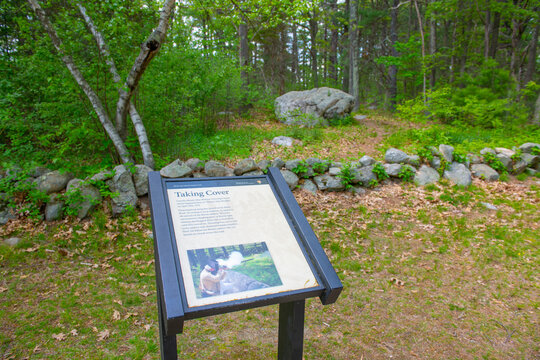 Taking Cover Introduction Of Battles Of Lexington And Concord In Minute Man National Historical Park In Lincoln, Massachusetts MA, USA. 