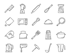 Kitchenware thin line icons, kitchen equipment, cooking utensil and culinary dishware, vector. Kitchenware appliances microwave oven, toaster and teapot, saucepan and frying pan, knife and ladle