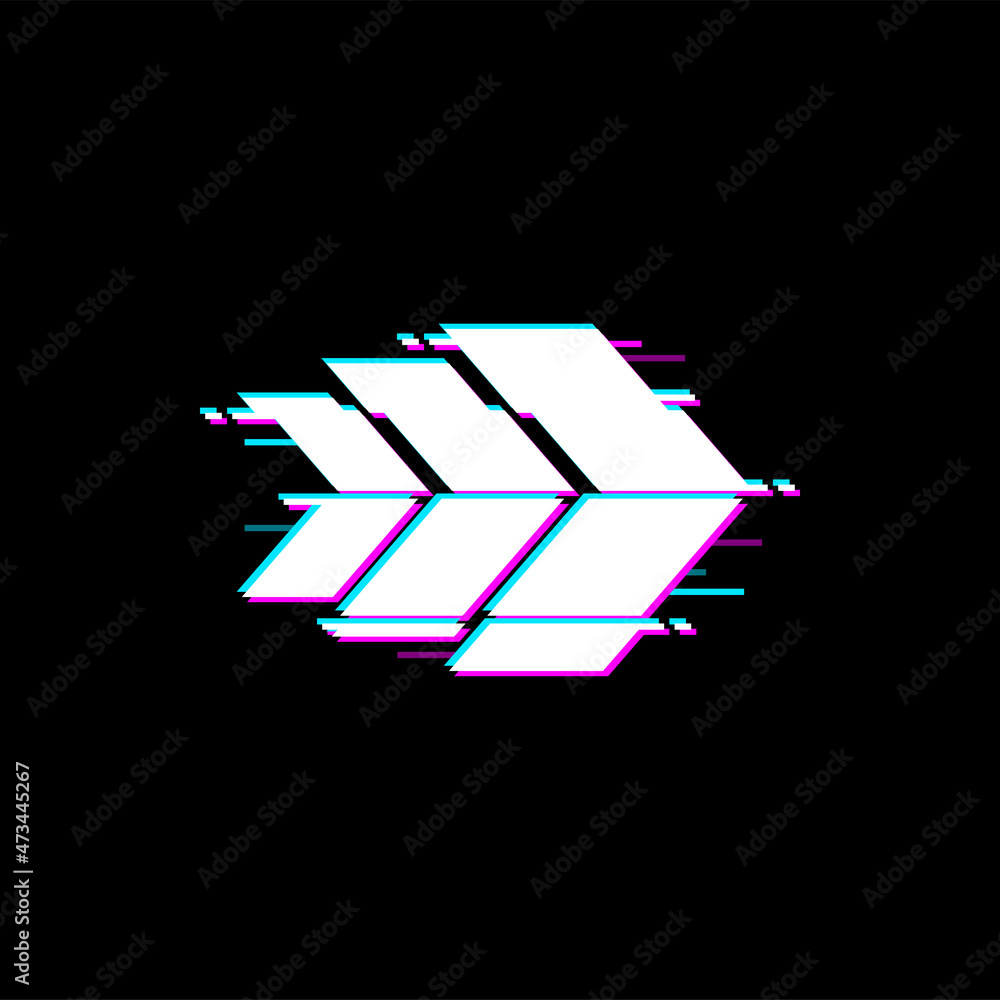 Poster Way pointer arrow pointing right isolated ui game interface panel design element. Vector web navigation button, three arrows pointers on malfunction or distortion display glitch effect, digital noise