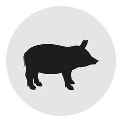 Pig. Silhouette of hog. Circle web icon. Hand drawn animal on isolated background. Black and white illustration