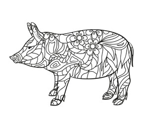 Pig on white. Hand drawn animal with intricate patterns on isolated background. Design for spiritual relaxation for adults. Black and white illustration for coloring. Zen art. Zentangle