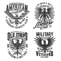 Tshirt prints with heraldic eagles, vector mascots for veterans military club apparel design. T shirt prints with typography on white background. Emblems or labels with eagles or griffins isolated set