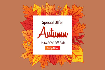 Autumn sale vector banner abstract background design with fall leaves, autumn typography and discount text