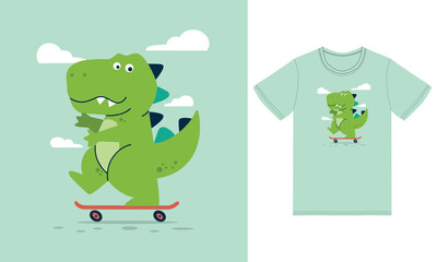 Cute dino playing skateboard illustration with tshirt design premium vector