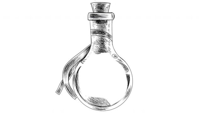 Self-drawing sketch with a potion on a white background. Animation of creating a detailed bottle of liquid. Video of a magic vessel with a drink. 4K stock video potion with alpha channel.