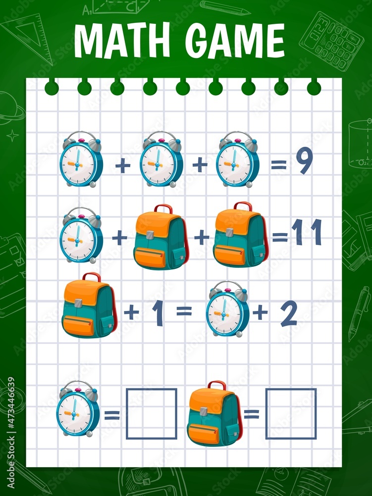 Poster cartoon schoolbag and alarm clock, math game worksheet vector education maze. kids math puzzle with 