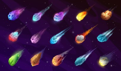 Asteroids, comets and meteors with trails, cartoon galaxy and outer space vector planets. Meteorite fireballs or fire, stars and meteoroids falling in sky with flame tails, fantasy galactic space © Vector Tradition