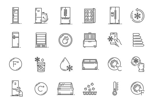 Fridge and freezer outline icons, food storage vector symbols. Ice, cooler and freezer chests, cold temperature, refrigerator box and thermometer, portable icebox and thermostat timer, appliance
