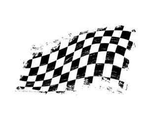 Grunge checkered racing sport flag with scratches, vector. Car race or rally, motorsport, finish and start flag with black and white checkers. Motocross or speedway racing competition banner - obrazy, fototapety, plakaty