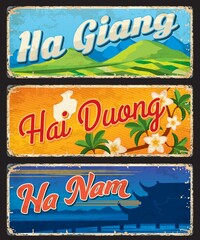 Ha Giang, Hai Duong and Ha Nam vietnamese regions vintage vector cards and travel stickers. Vietnam provinces tin signs or metal plates with landmarks, region maps and national emblems