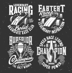 Car racing and bolids t-shirt prints. Motorsport, vintage vehicles and custom bikes club apparel custom design grunge vector prints with retro racing cars, championship prize cup and checkered flags
