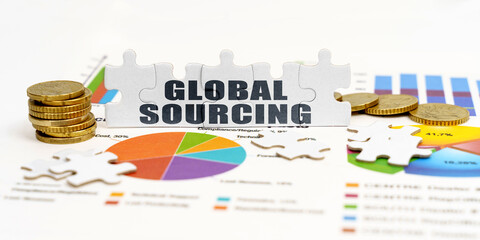 There are coins and puzzles on financial charts with the inscription - GLOBAL SOURCING