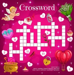 Valentine holiday vector crossword with Cupid, hearts and gifts, cupcake, flowers, magic potion pot and hot air balloon. Crossword grid worksheet or find word quiz game with romantic love holiday gift