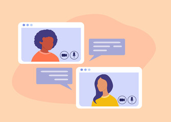 vector illustration on the topic of online communication, webinars, conferences. two girls on screens communicate with each other. trend illustration in flat style