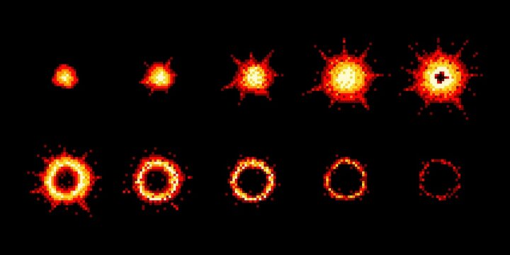 Pixel art explosion and burst animate sprites. Vector 8 bit boom, blast, bomb and flash effect sprite frames with cartoon explosion glowing clouds, fire flames and smoke, retro arcade video game