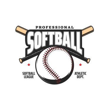 Softball sport icon with crossed bats and ball. Softball professional league team, sport club or game championship, softball tournament vector emblem, label or retro icon