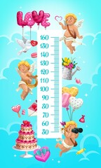Kids height chart cupids, balloons and sweets growth meter. Valentine holiday children height measurement scale with funny cartoon characters, gifts, flowers and hearts. Vector wall sticker for kids