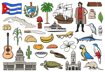 Cuba travel icons, Havana tourism landmarks and Caribbean attractions, vector. Cuba flag and map, beach resort, sightseeing and attractions symbols of Columbus boat, exotic tropical fruits and flowers