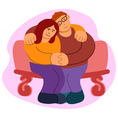 Two people in love sitting on a bench, embracing, holding hands and thinking about eternal things. An illustration of love, friendship, marriage, and Valentine's Day. Vector graphics