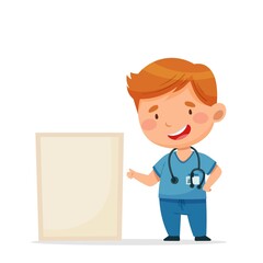 Doctor points to a tablet. The man speaks. Vector postcard in cartoon style for design, print, patterns