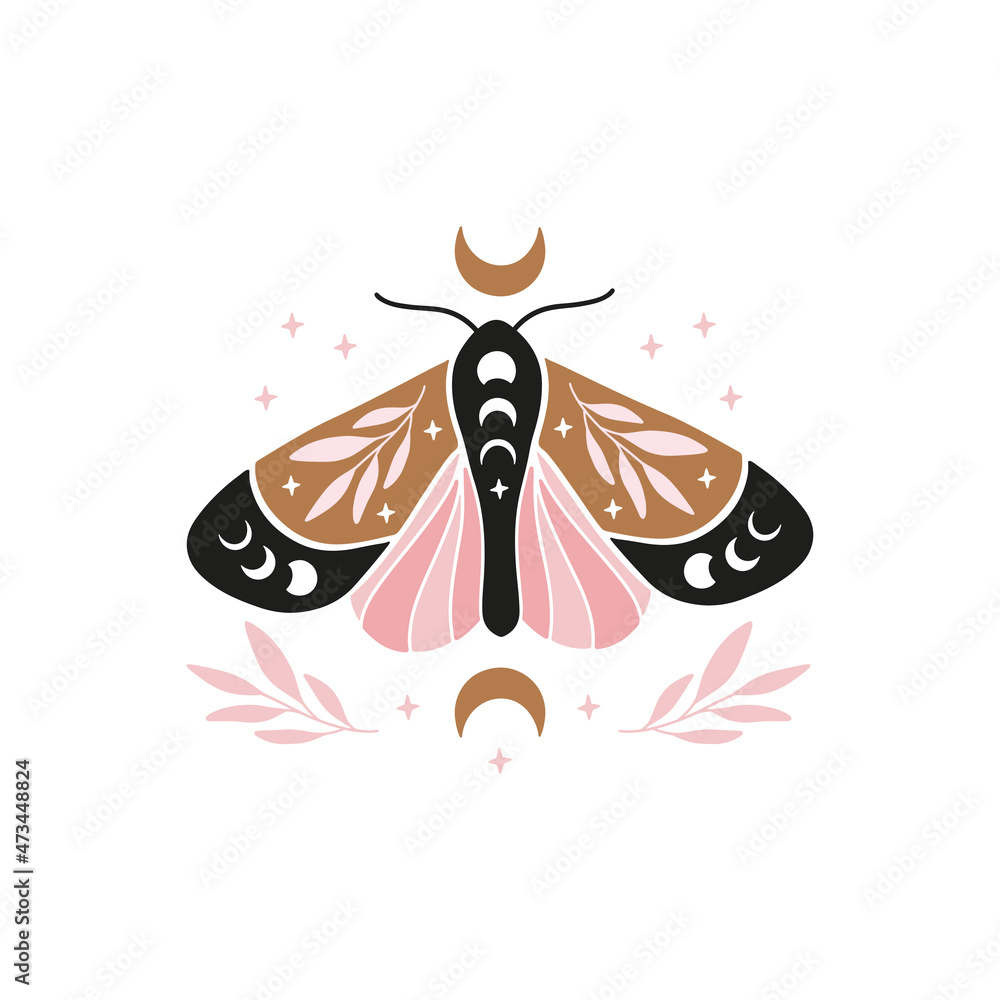 Wall mural boho celestial butterfly vector illustration. mystical moth with moon phases. magic insect on white 