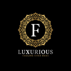 letter F luxurious decorative flower mandala art initials vector logo design for wedding, spa, hotel, beauty care
