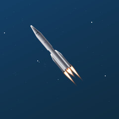 Rocket flying in space at night starry sky backdrop, 3D vector illustration.